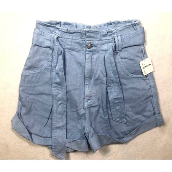 We The Free People Nova Denim Paper Bag High Rise Shorts Light Blue Womens Small - Picture 2 of 11